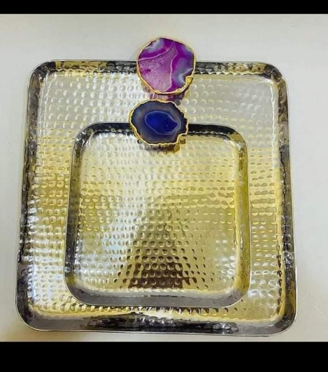 Hammered Metal Serving Tray with Agate Stone Handle