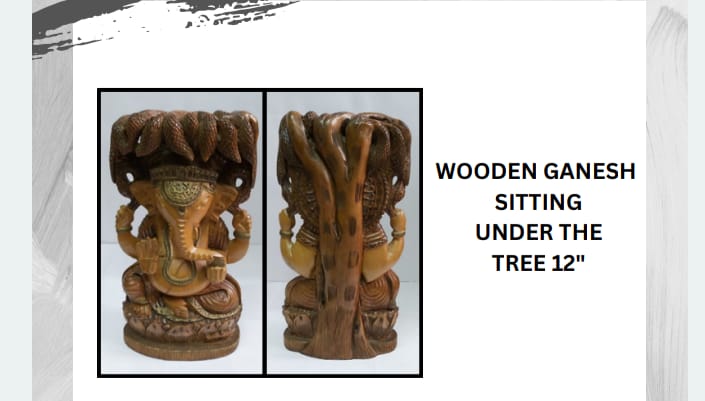 WOODEN GANESH SITTING UNDER THE TREE 12\"