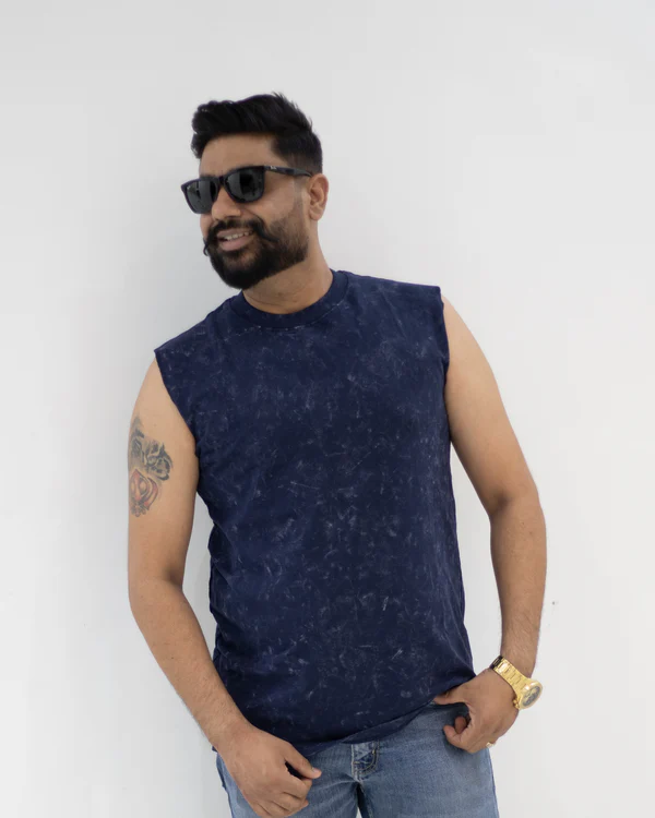 Acid wash navy blue sando sleeveless t-shirt for men