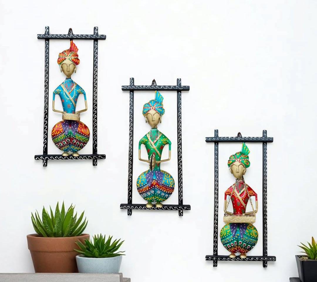 Traditional Indian Metal Wall Art, Set of 3  Figurine Frames, Multicolour, Wall Mount Decor