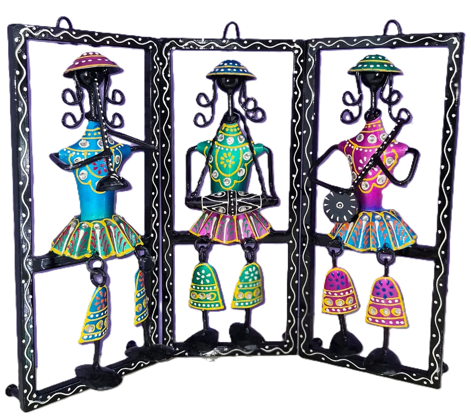 Decorative Dancing Doll Wind Chimes, Handcrafted Metal Wall Hanging with Colourful Bells, Set of 3