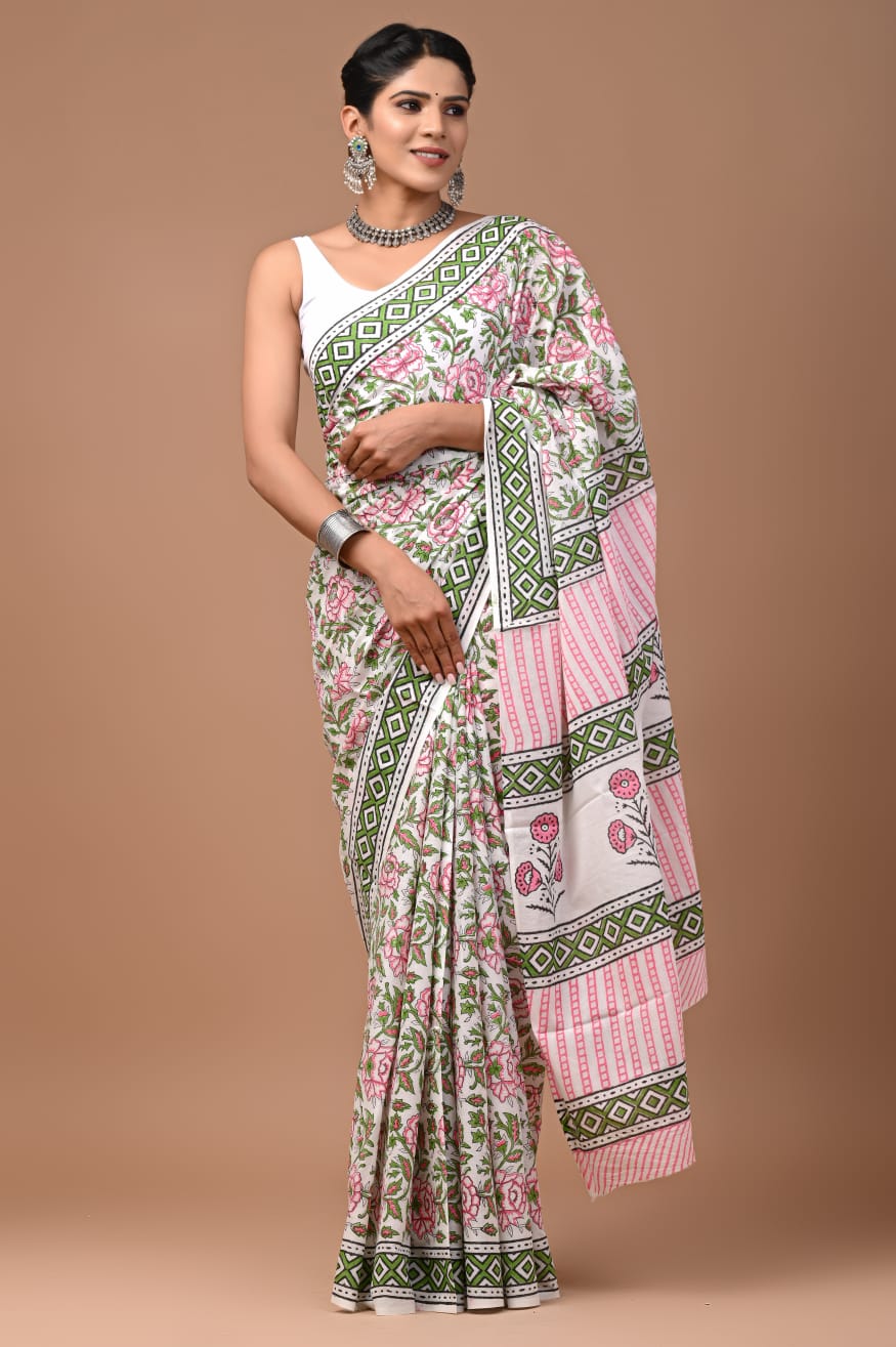  Hand Block Printed Linen Saree With Blouse