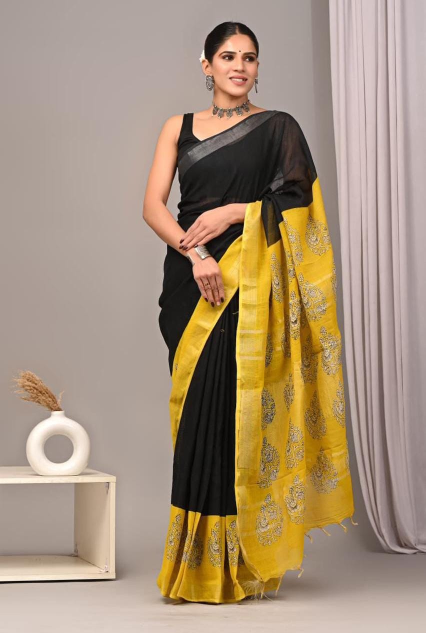  Hand Block Printed Linen Saree With Blouse