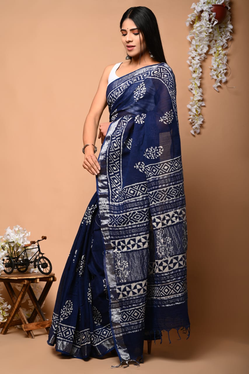 Hand block printed linen saree with blouse