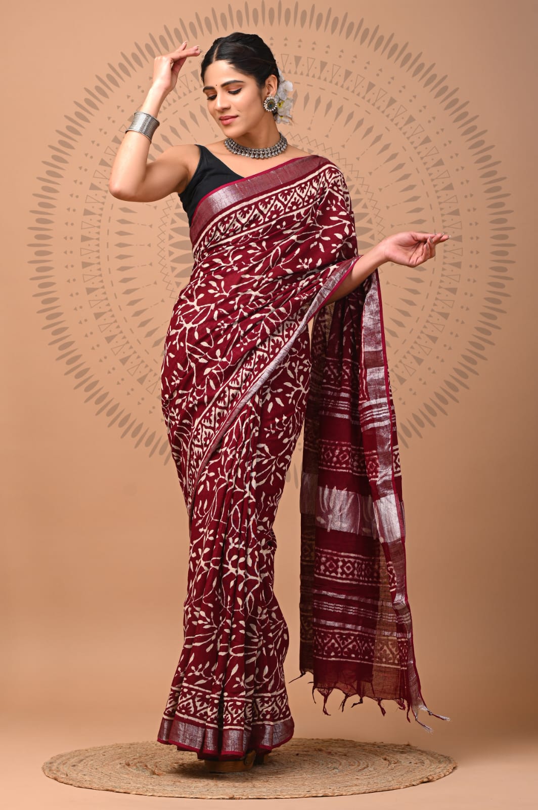 Hand block printed linen saree with blouse