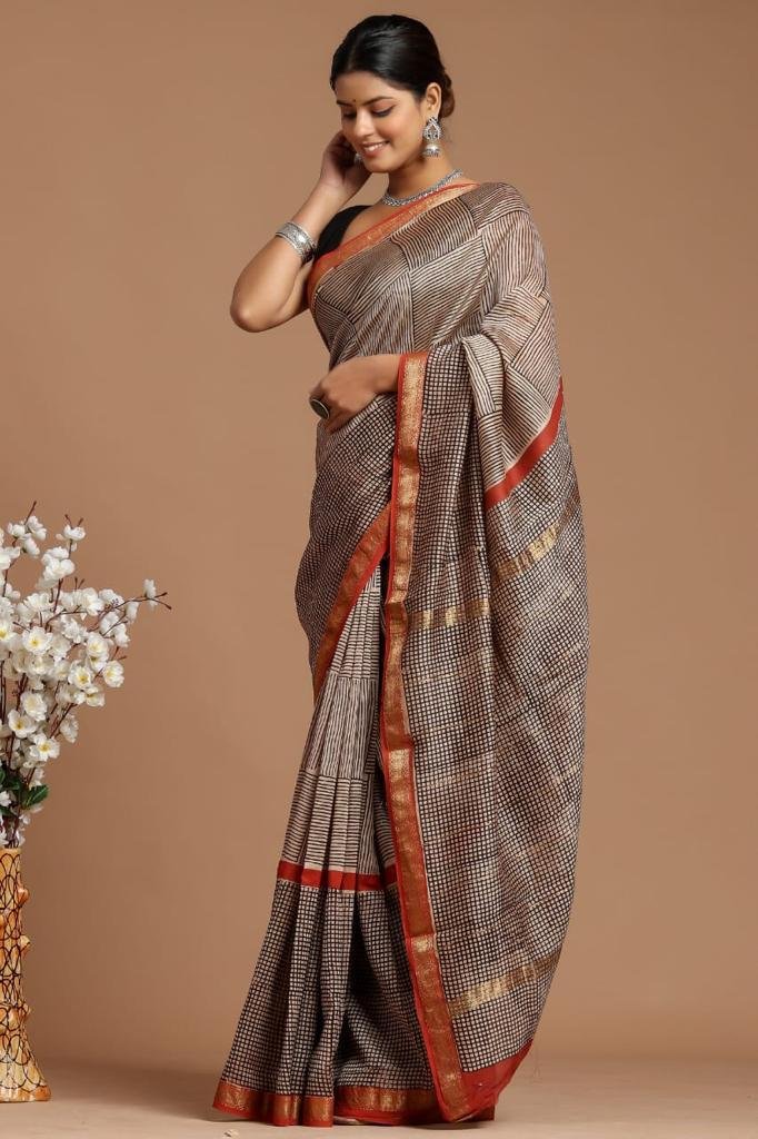 Handloom Cotton Checks Saree with Zari Border