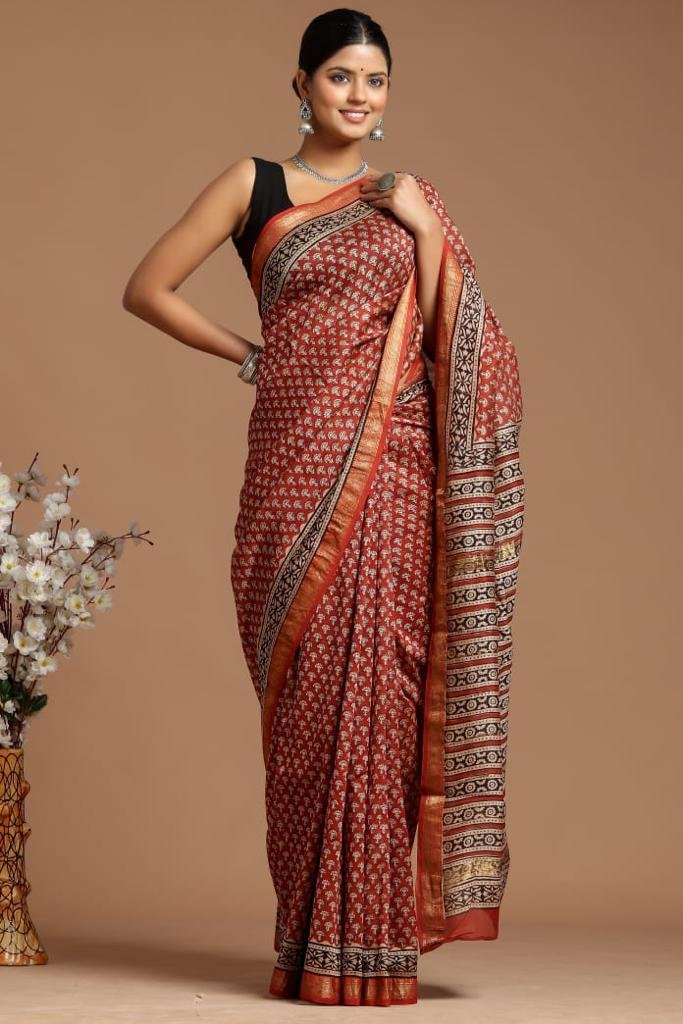 Ajrakh Print Cotton Saree with Zari Border