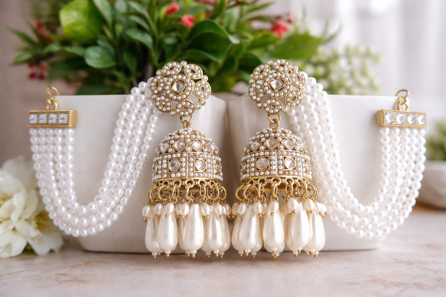 Designer Pearl Kundan Jhumka Earrings