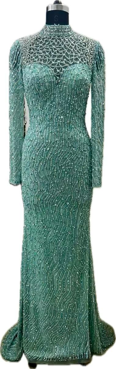 Pearl and Bead Embellished Long Sleeve Gown