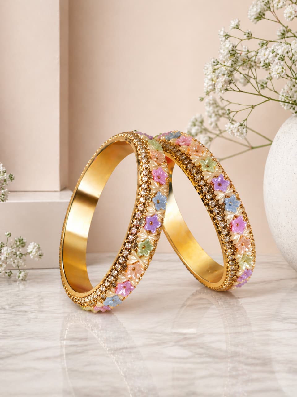 Floral enamel gold-plated bangles