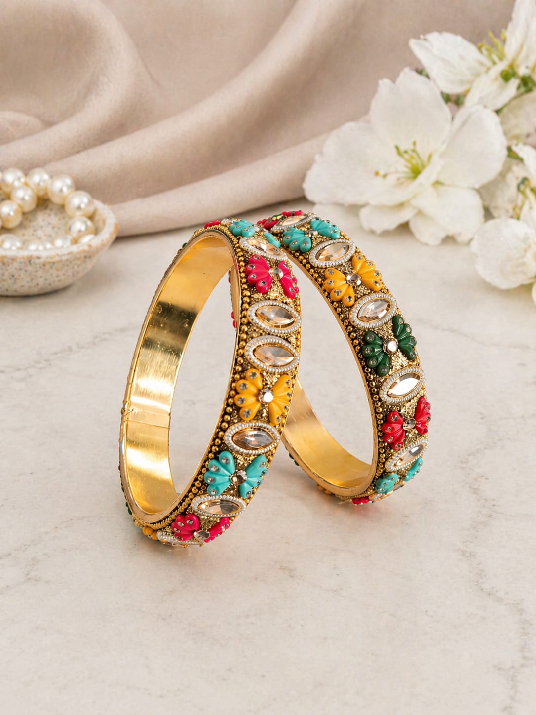 Floral Radiance Multicolor Gold-Plated Stone Bangles