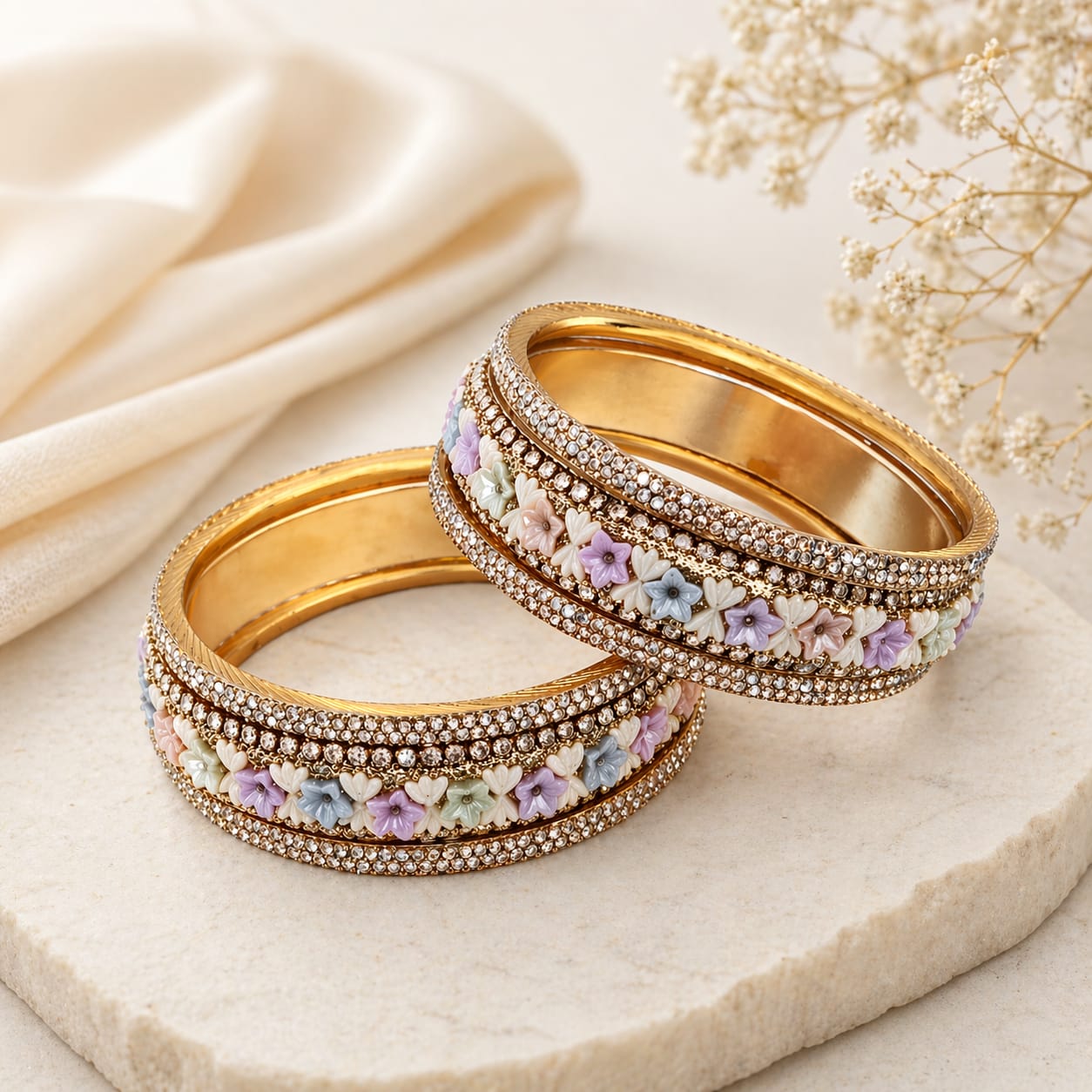 Gold-Plated Brass Bangles with a Multicolour AD Floral Design
