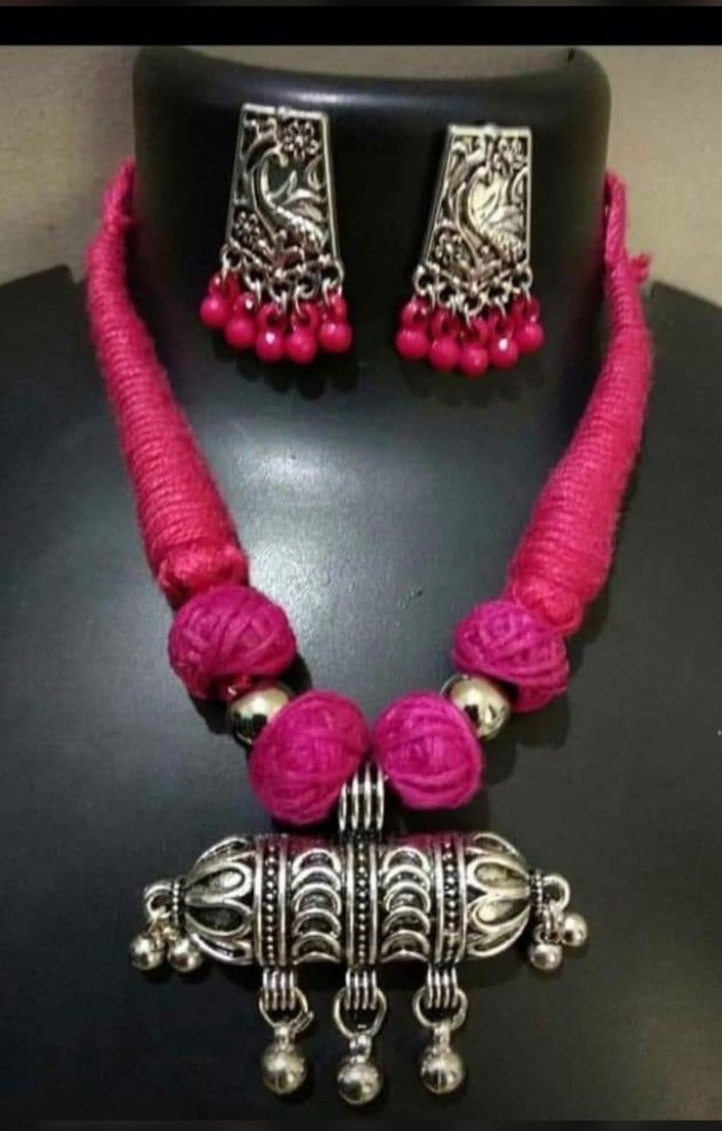 Handcrafted Pink Cotton Thread Oxidized Silver Pendant Necklace Set with Matching Earrings