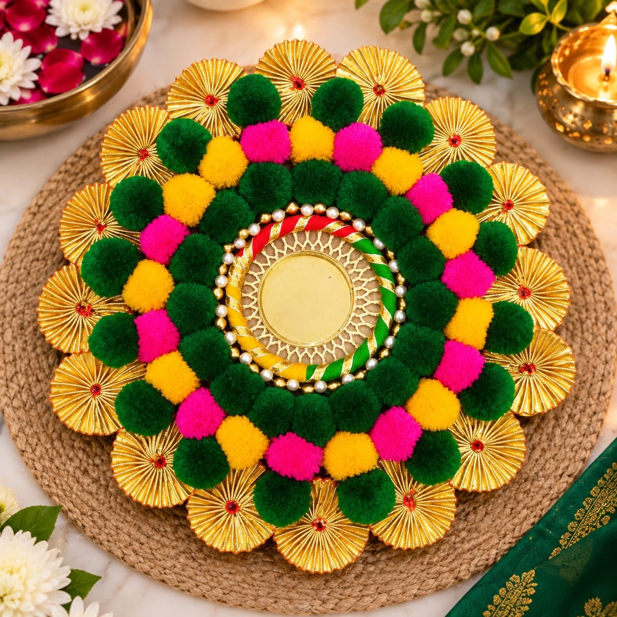 Handcrafted Pom-Pom Rangoli Mat with Tealight Candle Holder