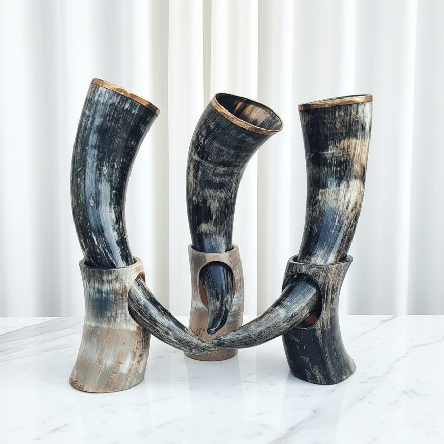 Handcrafted Viking Drinking Horn Set with Stand