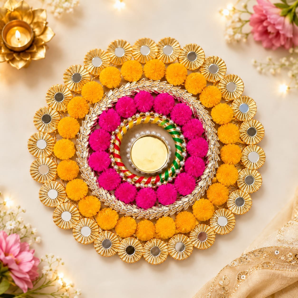 Handmade Pom Pom Rangoli Mat with Tealight Candle Holder