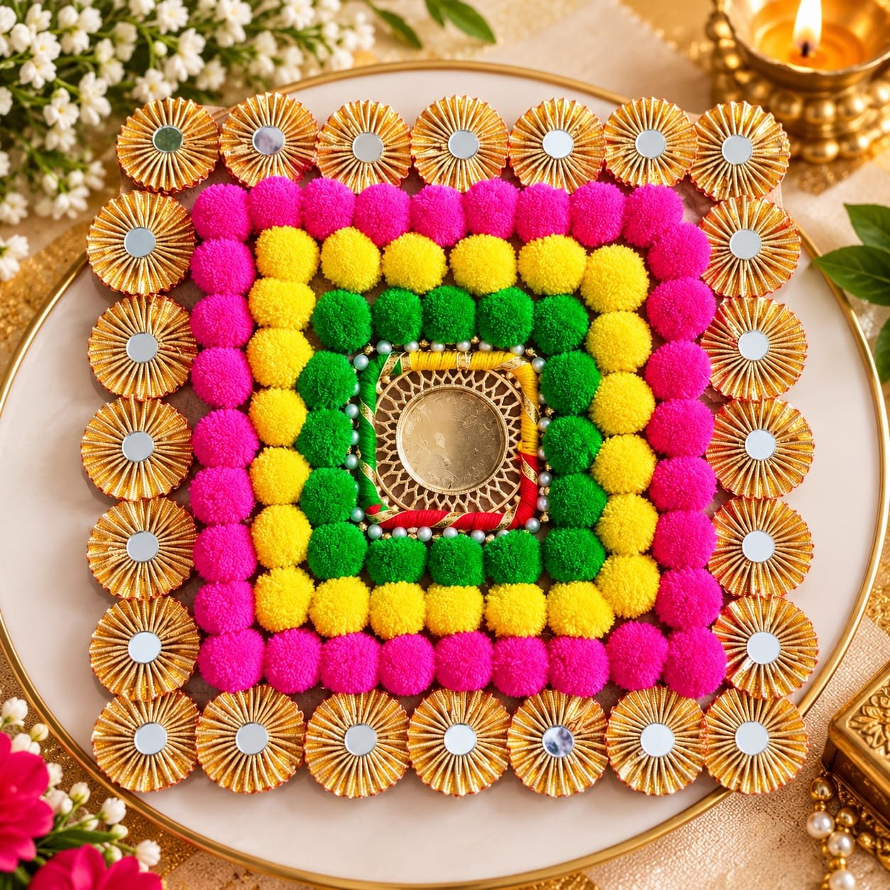  Handmade Pom-Pom Rangoli Mat with Tealight Candle Holder
