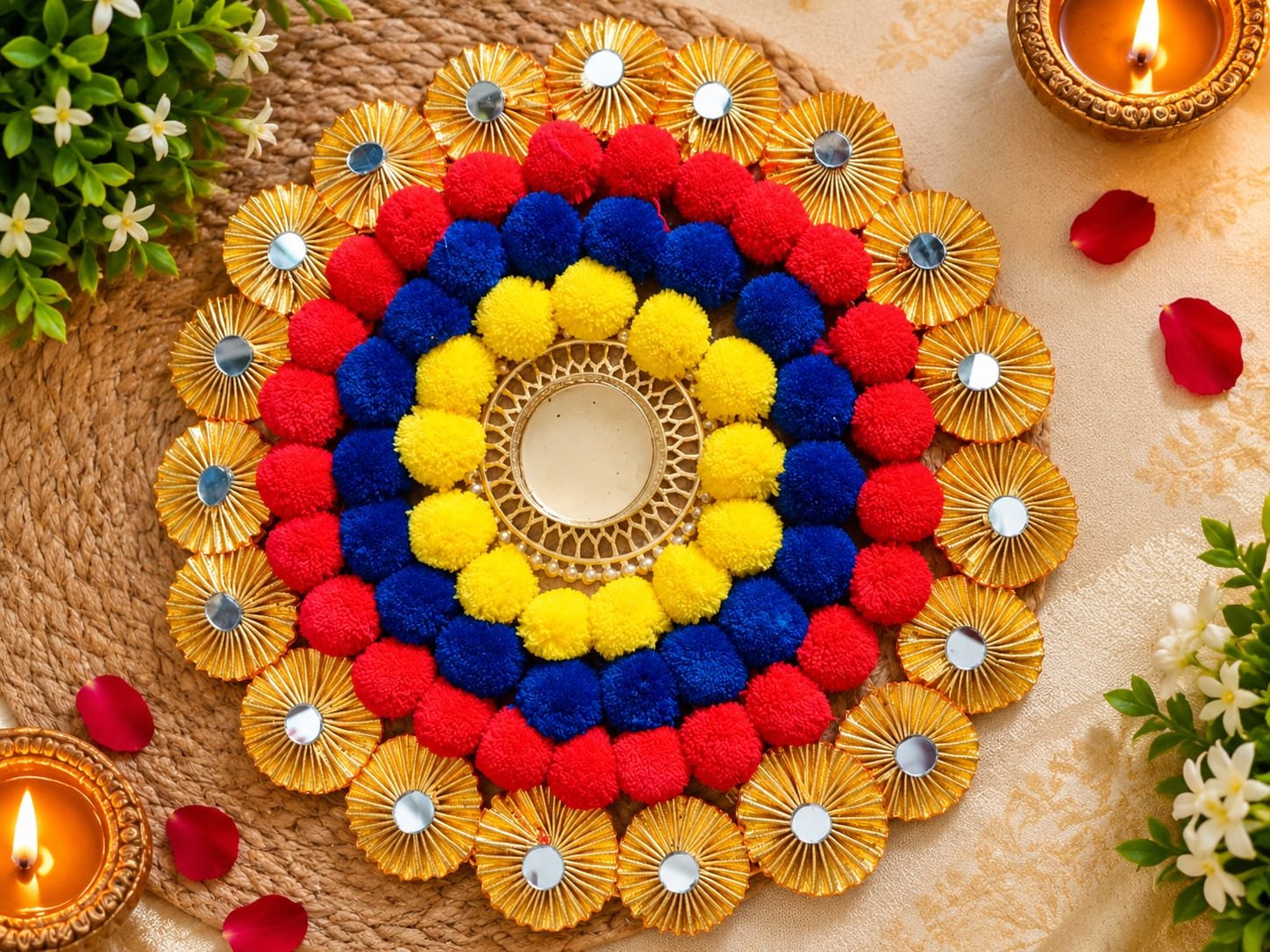 Handmade Reusable Pom Pom Rangoli Mat with Tealight Diya Holder
