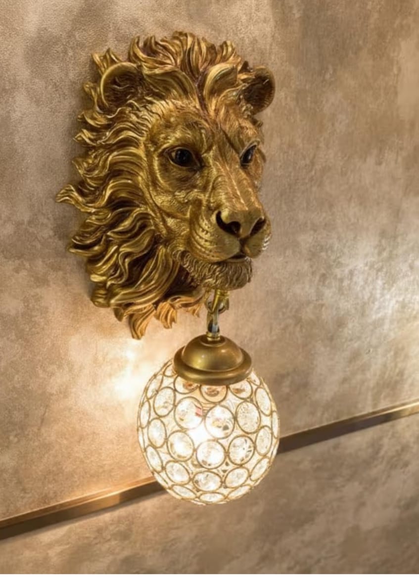 Lion Head Wall Sconce with Crystal Globe Lamp