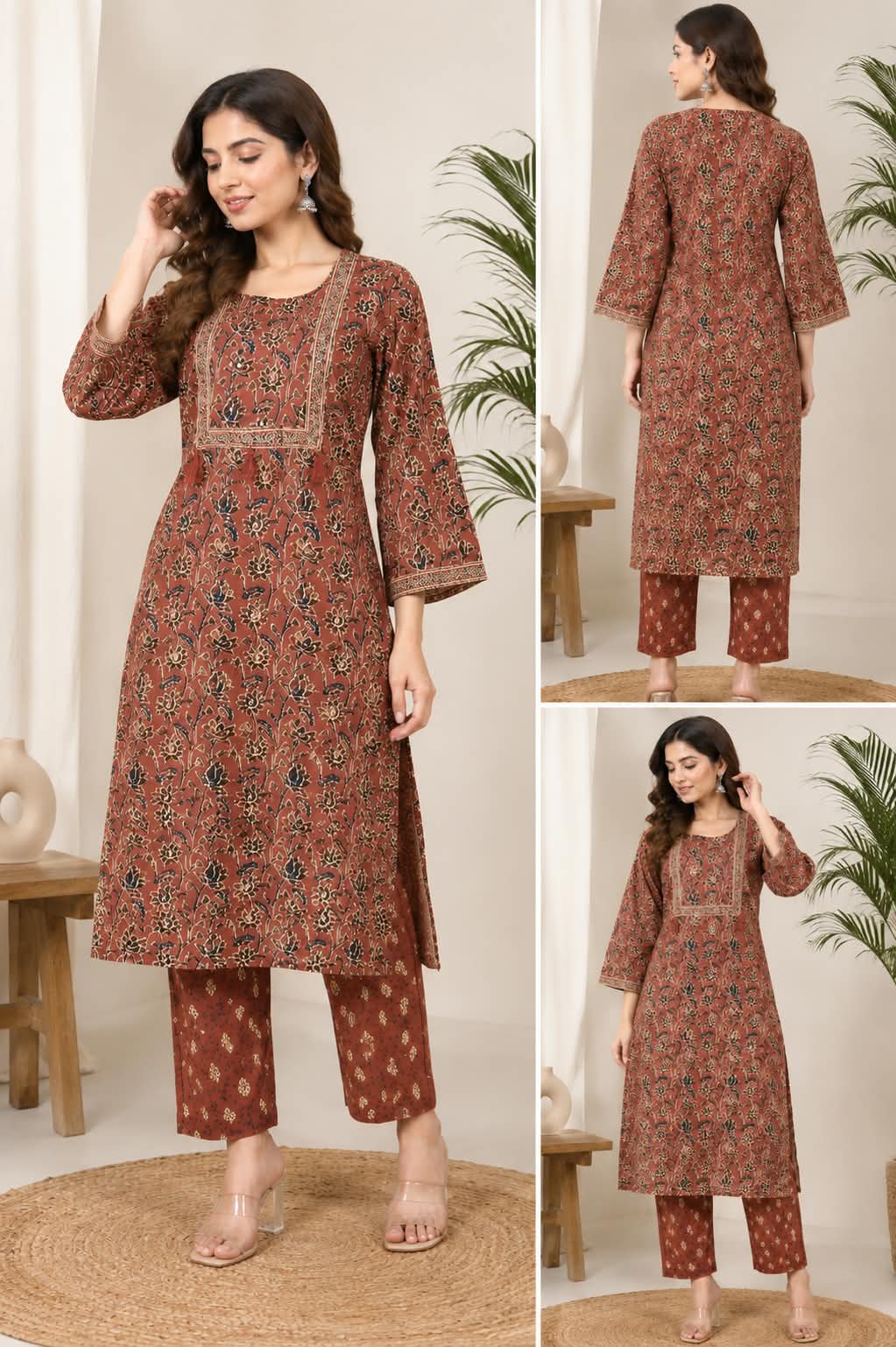 Mauve Yoke Design Silk Blend Straight Kurta With Trousers
