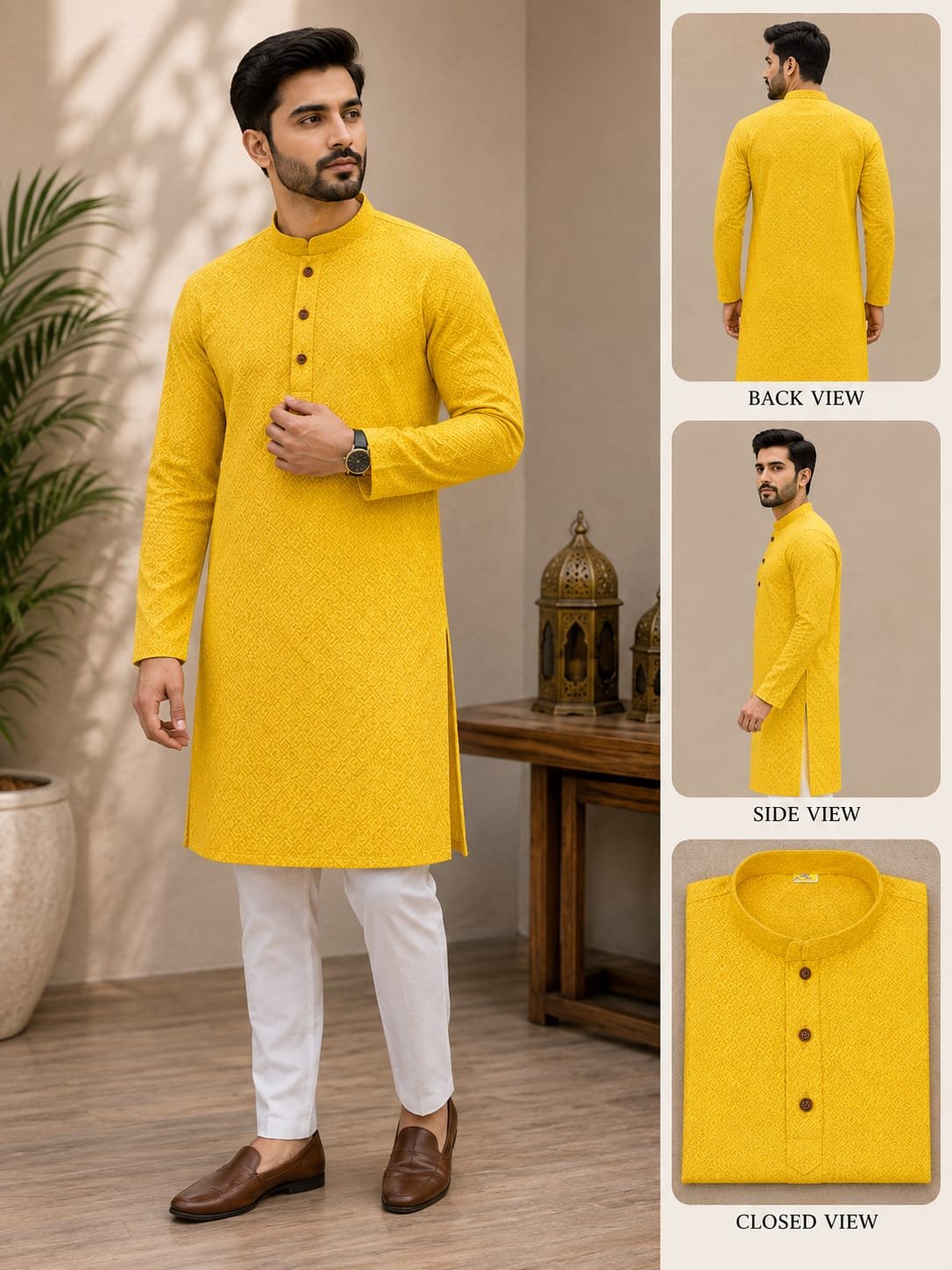 Men\'s traditional yellow cotton-blend straight kurta paired with pajama pants 