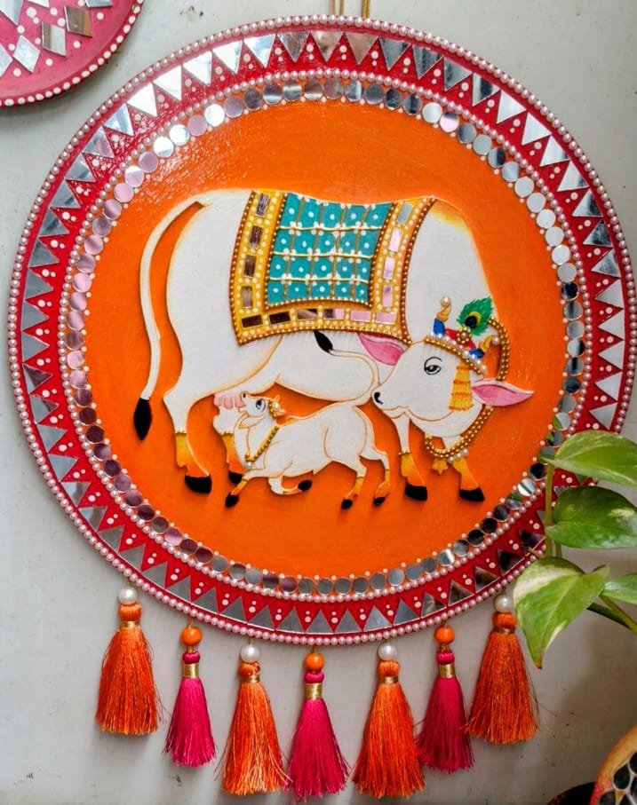 Pichwai Lippan Art Cow and Calf Wall Hanging Plate