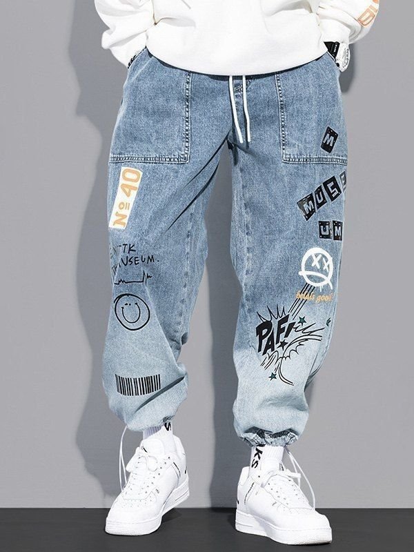 Street Art Printed Denim Joggers