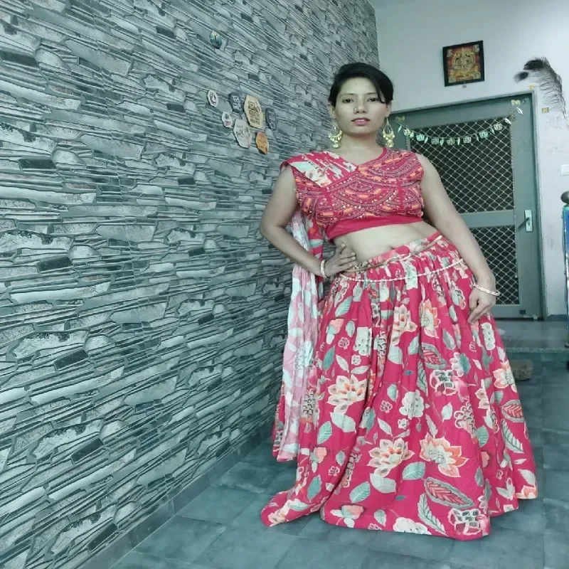 Womens Pink Floral Printed Lehenga Skirt